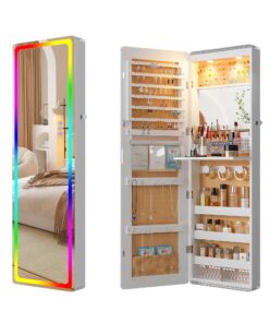 HNEBC LED Mirror Jewelry Cabinet with RGB Lights,47.2" Wall Mounted Jewelry Organizer with Full-Length Mirror,Over The Door Hanging Jewelry Armoire Storage Cabinet,Folding Dresser,2 Drawers,Lockable