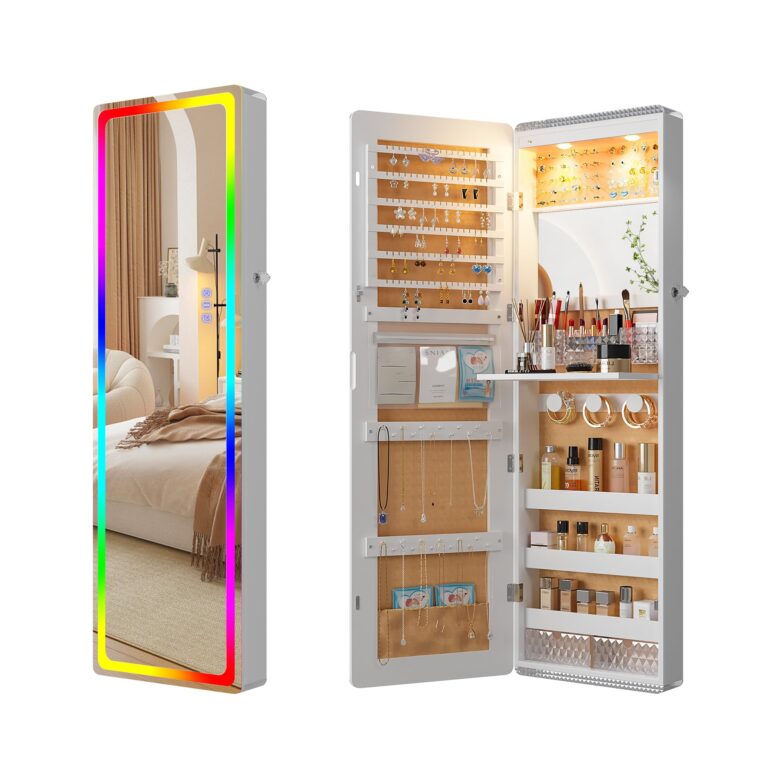 HNEBC LED Mirror Jewelry Cabinet with RGB Lights,47.2" Wall Mounted Jewelry Organizer with Full-Length Mirror,Over The Door Hanging Jewelry Armoire Storage Cabinet,Folding Dresser,2 Drawers,Lockable