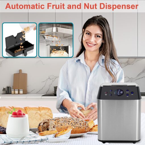 3LB Larger & 20-in-1 Ultra Quiet Bread Maker Machine, 710W Die-Cast Ceramic Pan Bread Machine with Dual Heaters, Stainless steel Breadmaker with Auto Fruit Dispenser & 2 Custom Menus,Extra 2 Paddles - Image 5
