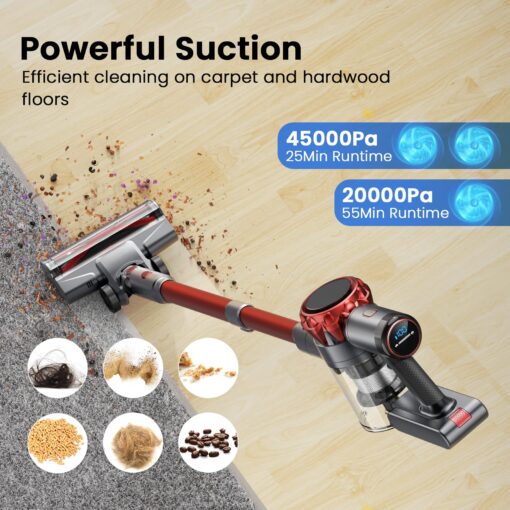 UML0 S3 Cordless Vacuum Cleaner, 45kPa Powerful Stick Vacuum, LED Display, 55-Min Runtime Rechargeable Cordless Vacuum, Free-Standing, Vacuum Cleaners for Home Pet Hair Carpet Hard Floor (Red) - Image 8