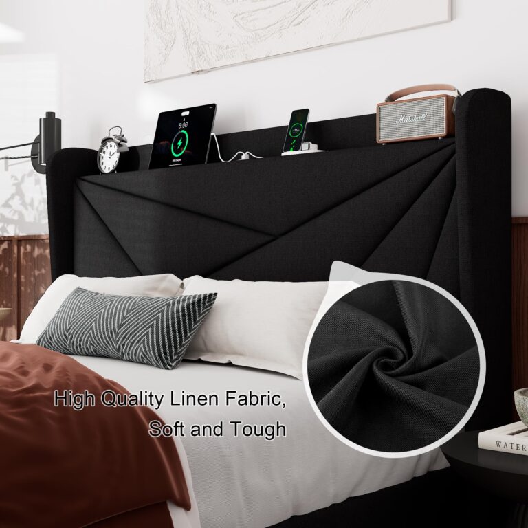 Feonase Full Size Bed Frame with Charging Station, Upholstered Platform Bed Frame with Wingback Storage Headboard, Solid Wood Slats Support, No Box Spring Needed, Black - Image 4