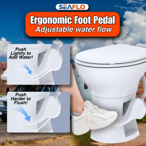 SEAFLO Residential Height Camper/RV Toilet with Elongated Ceramic Bowl, 19” Standard Height, Gravity Flush System, Foot Pedal Operation, Soft Close Seat, 4-Year Warranty - Image 6