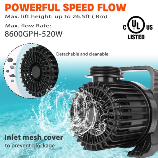 WaterRebirth (8600GPH 520W, UL listed) High Flow Submersible Water Fountain Aquarium Sump Pond Electric Waterfall Pump PS-8600 - Image 9
