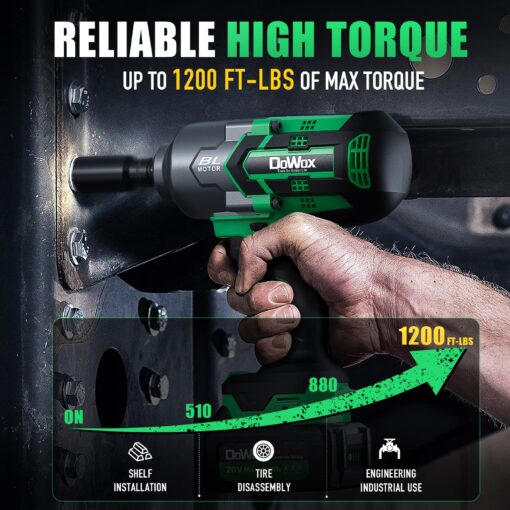 DOWOX Cordless Impact Wrench 1/2 Inch, High Torque 1200 Ft-lbs Brushless Impact Gun, 20V Power 4.0 Ah Battery, Fast Charger, 5 Pcs Sockets and Tool Box Kit - Image 8