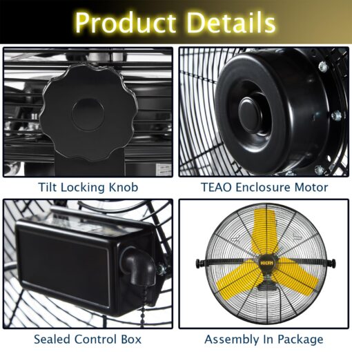 HiCFM 9100 CFM 24 inch Heavy Duty Industrial Wall Mounted Fan with TEAO Enclosure Motor, Permanent Lubricated Ball Bearing, 9 FT Cord, 180Degree Tilting, Safety Yellow Blade Wall Fan - UL Listed - Image 5