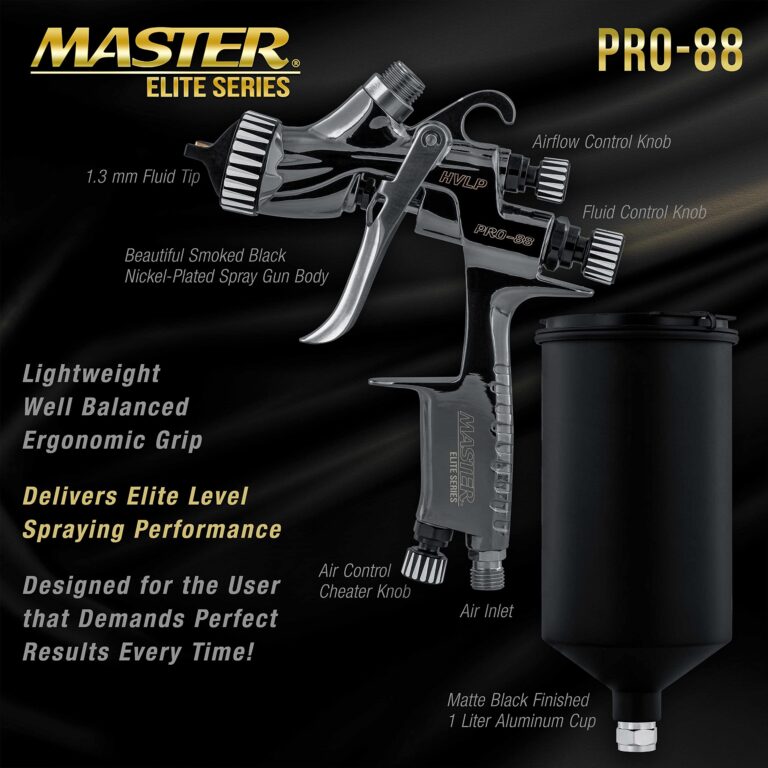 Master Elite Performance PRO-88 Series HVLP Spray Gun with 1.3mm Tip with Air Pressure Regulator Gauge, MPS Cup Adapter - Ideal for Automotive Basecoats, Clearcoats - Advanced Atomization - Image 5