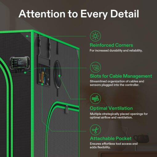 VIVOSUN P558 60"×60"×80" PRO Grow Tent, with Thick 1 inch Poles, Strengthened High Reflective Mylar Oxford Fabric, Extra Hanging Bars & High CFM Kit for Hydroponics Indoor Plant for AeroLight A200SE×3 - Image 6