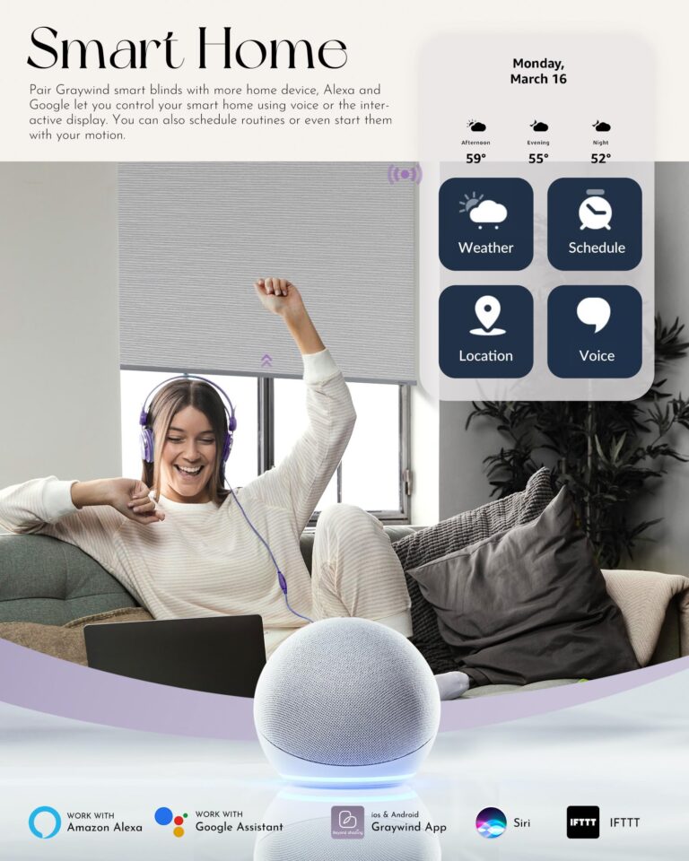 Graywind Smart Blackout Roller Shades Compatible with Alexa Google Textured Gleaming Fabric Rechargeable Motorized Blinds Cordless Remote Control Window Shades, Custom Size (Striped Light Grey) - Image 7
