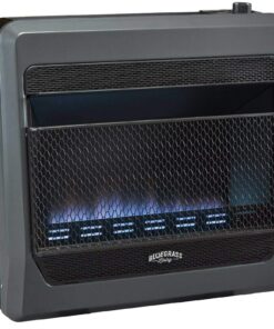 Bluegrass Living B30TPB-BB Ventless Propane Gas Blue Flame Space Heater with Thermostat Control, 30000 BTU, Heats Up to 1400 Sq. Ft., Includes Wall Mount, Base Feet, and Blower, Black