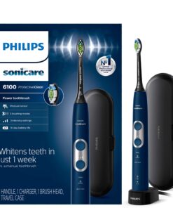 Philips Sonicare ProtectiveClean 6100 Rechargeable Electric Toothbrush, with Pressure Sensor, 3 Cleaning Modes, SmarTimer and QuadPacer, 14-Day Battery Life, Travel Case, Navy Blue, Model HX6871/49