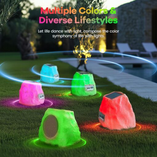 Outdoor Rock Speaker 60W Deep Bass Multi-Sync up to 100 Speakers Auto-Pairing, IPX7 Waterproof Solar-Powered with LED Lights Perfect for Pool, Garden, Patio, Ideal for Music Entertainers - 2 Pack - Image 8