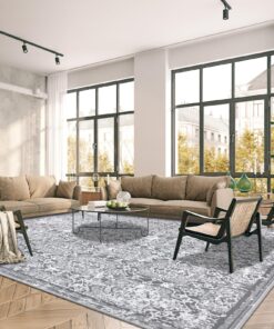 Vaukki Living Room Rug, Vintage Shaggy Soft Laundry Rug, Non Slip Kitchen Area Mat, Washable Farmhouse Bedroom Area Carpet for Bathroom, Kitchen and Kidsroom (8'x10', Grey)