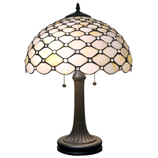 Tiffany Style Table Lamp Banker Jeweled 26" Tall Stained Glass White Yellow Stains Antique Vintage Light Decor Nightstand Living Room Bedroom Handmade Gift AM1041TL16B Amora Lighting - Image 2