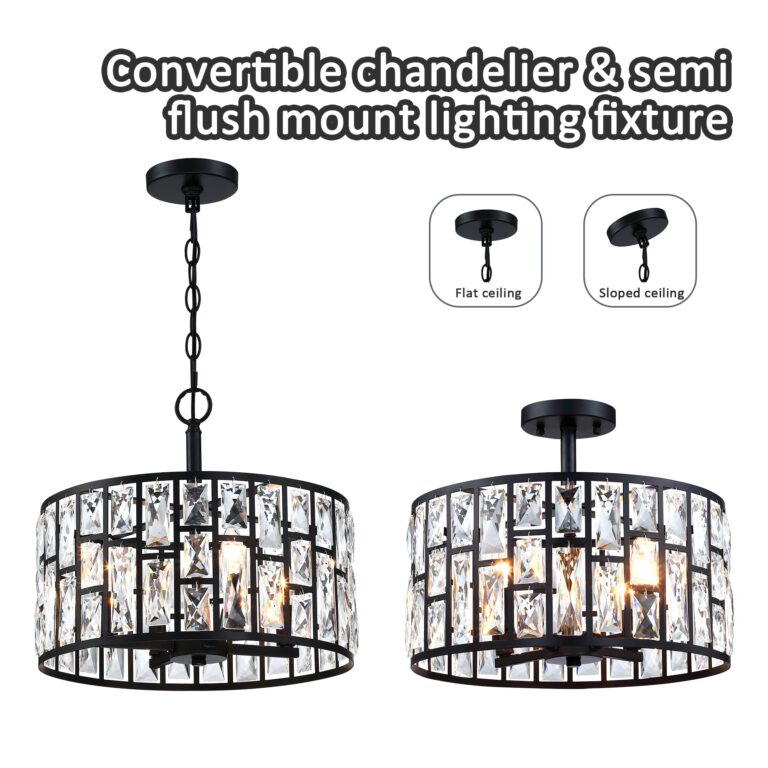 Farmhouse Crystal Convertible Chandelier and Semi Flush Mount Lighting Black Cylinder Drum Shade Pendant for Kitchen Island Dining Room Bedroom Hallway - Image 7