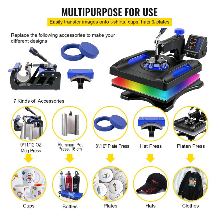 VEVOR 8 in 1 Heat Press Machine 15x15 Inch, 360° Swing Away Shirt Press Machine - Digital Professional Heat Transfer Tshirt Press Machine, Sublimation Heat Press for T Shirts Hat Cap Mug Plate Blue - Image 7