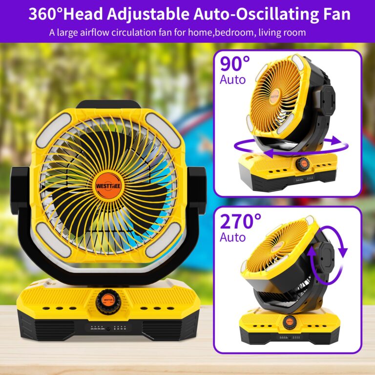 WESTTREE Battery Operated Large Airflow Fan,45000mAh Rechargeable Camping Cordless Fan with 360°Auto Oscillation & Timer, Queit Battery Powered Tent Fans Portable with RGBW Lights for Home X66 Yellow - Image 6