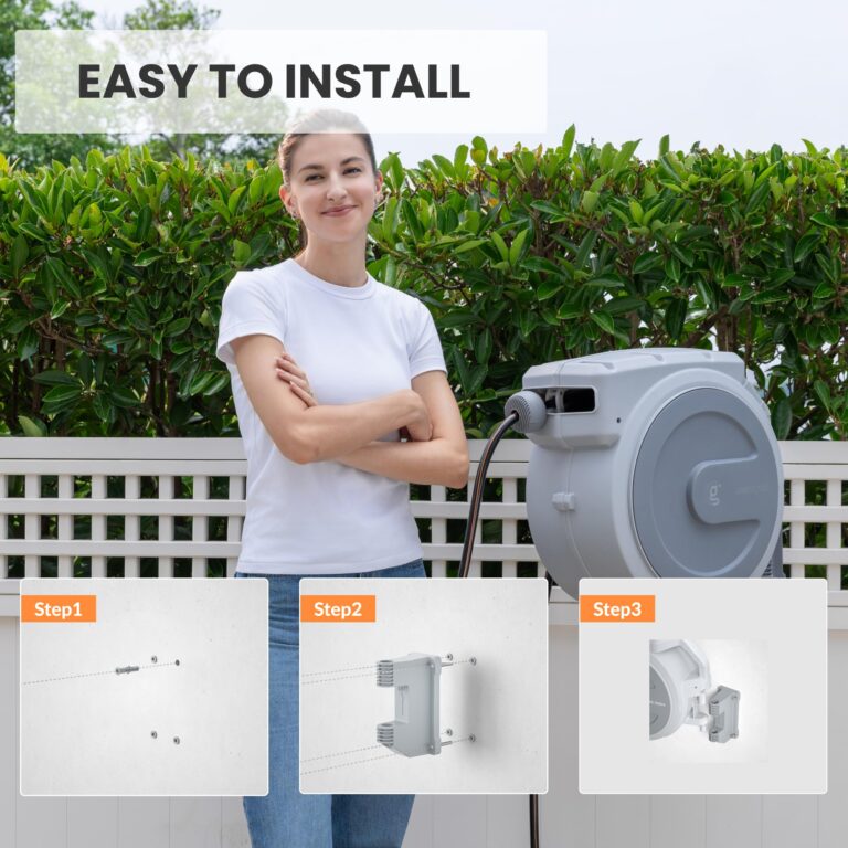 Giraffe Tools Retractable Garden Hose Reel, 5/8 in x 90 ft Heavy Duty Hose Reel With 9 Pattern Nozzle, Any Length Lock, Wall Mount Water Hose Reel, 180°Swivel, Light Grey - Image 5