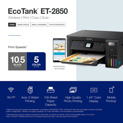 Epson EcoTank ET-2850 Wireless Color All-in-One Cartridge-Free Supertank Printer with Scan, Copy and Auto 2-Sided Printing - Black, Medium - Image 4