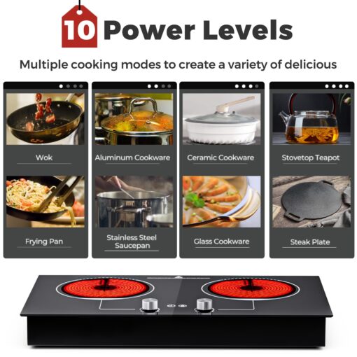 ADVWIN Electric Cooktop, 2 Burner Knob Control Plug in Built-in Ceramic Electric Stove Top with Child Safty Lock & Timer & Over-Temperature Protection & 10 Power Setting, 1800W, 110v (2 burners) - Image 6