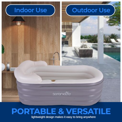 SereneLife Jacuzzi Spa Bathtub with Bubble Massage Mat - Inflatable Bath w/Built-In Heater, Includes Inflatable Pillow, Cup Holder, Remote Control for LED Lighting, Backrest & Armrests - Image 4