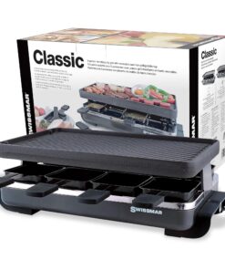 Swissmar Classic 8-Person Raclette Party Grill - Indoor Electric Grill & Griller with Reversible Cast Iron Grill Plate/Crepe Top - Anthracite Black