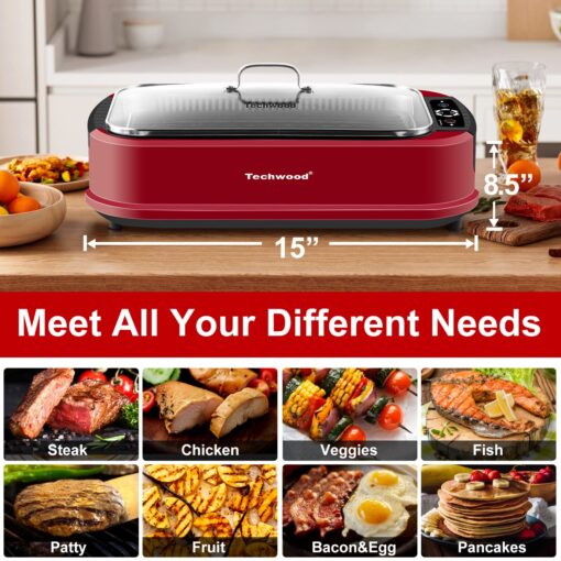 Indoor Smokeless Grill, Techwood 1500W Electric Indoor Grill with Tempered Glass Lid, Portable Non-stick BBQ Korean Grill, Turbo Smoke Extractor Technology, Drip Tray& Double Removable Plate, Red - Image 7
