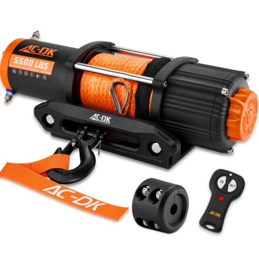 AC-DK 5500 lb ATV/UTV Winch Synthetic Rope Kits, 12V Winch with Wireless Remote for Off Road Trailer Boat RV Towing Winches, Waterproof Winch with Mounting Plate and Wired Remote
