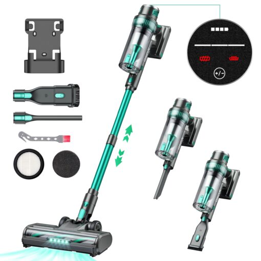 QikCln Cordless Vacuum Cleaner - 250W 30Kpa Powerful Stick Vacuum, 90000 RMP Motor, LED Display, Three Modes, 40 Mins Runtime Rechargeable Handheld Vacuum for Pet Hair Hardwood Carpet - Green