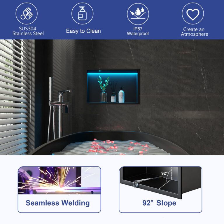 Neohomee RGB LED Light Shower Niche, Matte Black 18X12 in Stainless Steel Wall Niche with Remote Control, Waterproof No Tile Needed Wall Niche for Bathroom Storage Built-in Installation - Image 6