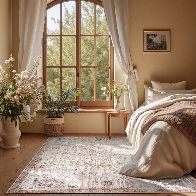 jinchan Area Rug 6x9 Washable Living Room Rug Vintage Indoor Large Floor Cover Retro Accent Mat Distressed Floral Country Boho Non Slip Thin Carpet for Bedroom Kitchen Dining Room Office Red Multi - Image 9