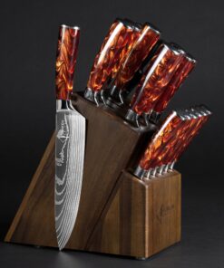 SENKEN 16-Piece Natural Acacia Wood Kitchen Knife Block Set - Japanese Chef's Knife Set with Laser Damascus Pattern, Includes Steak Knives, Kitchen Shears, Santoku, Cleaver & More (Red Resin Handles)