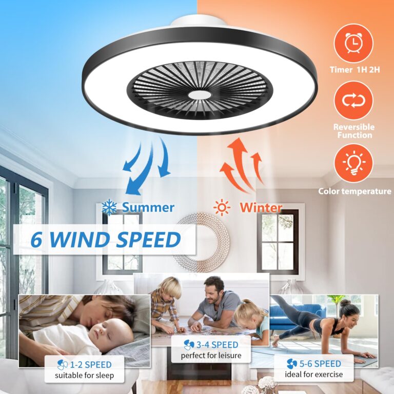 KAMLAM 24" Bladeless Ceiling Fan with Light, Low Profile Ceiling Fan, Modern Flush Mount Ceilings Fans with Remote & APP Control, Enclosed Ceilings LED Dimmable Lighting Black - Image 5