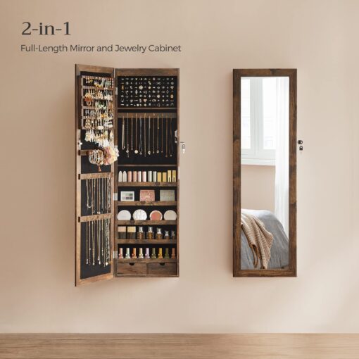 SONGMICS 6 LEDs Mirror Jewelry Cabinet, 47.2-Inch Tall Lockable Wall or Door Mounted Jewelry Armoire Organizer with Mirror, 2 Drawers, 3.9 x 14.6 x 47.2 Inches, Rustic Brown UJJC93CB - Image 8