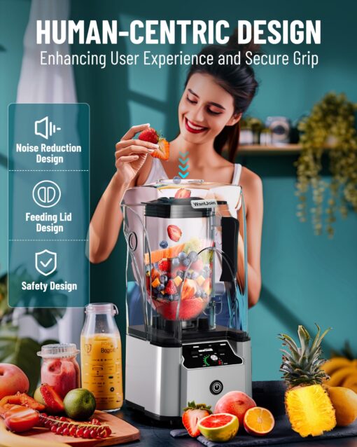 WantJoin Commercial Professional Blender With Shield Quiet Sound Enclosure 2200W Industries Strong and Quiet Professional-Grade Power, Self-Cleaning, Silver - Image 6