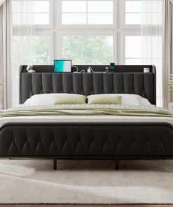 Feonase Leather King Size Bed Frame with Fast Charging Station,Metal Platform King Beds with Upholstered Headboard & Footboard,12" Underbed Storage Space, Easy Assembly,Noise-Free,Black