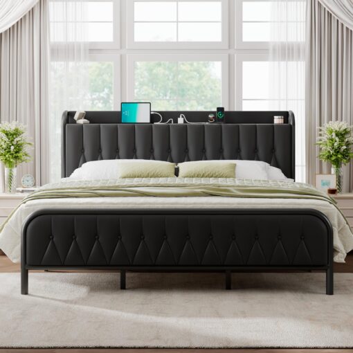 Feonase Leather King Size Bed Frame with Fast Charging Station,Metal Platform King Beds with Upholstered Headboard & Footboard,12" Underbed Storage Space, Easy Assembly,Noise-Free,Black