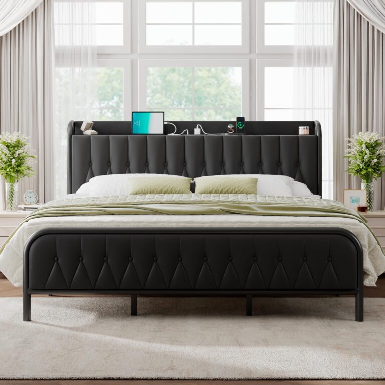 Feonase Leather King Size Bed Frame with Fast Charging Station,Metal Platform King Beds with Upholstered Headboard & Footboard,12" Underbed Storage Space, Easy Assembly,Noise-Free,Black