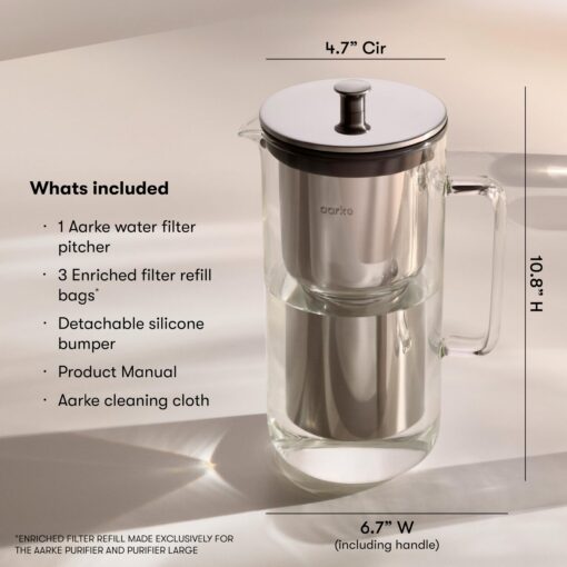 aarke Purifier Regular - 1.18 L Glass Water Filter Pitcher Bundle, Refillable Stainless Steel Filter, BPA-Free, Includes (3-Pack) Refill Enriched Granules, Reduce Heavy Metals and Adds Minerals - Image 3