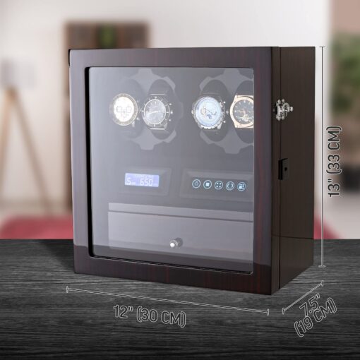 4 Watch Winder with 5 Watch Storage Space, LCD Display, Touch Control and Interior Light (Ebony + Black Velvet) - Image 3