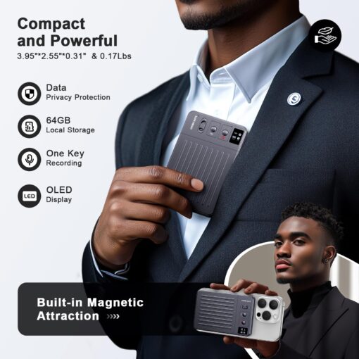 AI Voice Recorder, Digital Voice Recorder App Control, Transcribe & Summarize & Translation Empowered by ChatGPT, Wireless Charging, 107 Languages, 64GB Memory for Lecture, Meeting, Calls, Interview - Image 4