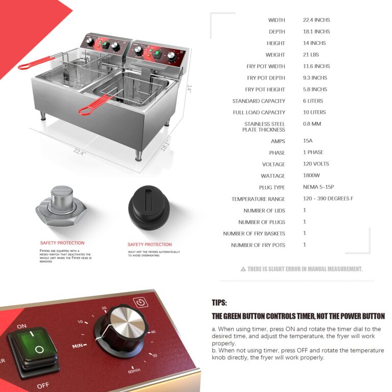 EGGKITPO Deep Fryers Stainless Steel Commercial Deep fryer with Timer Dual Tank Electric Deep Fryer with 2 Baskets Large Capacity 10L X 2 Electric Countertop Fryer for Restaurant and Home, 120V 3600W - Image 6