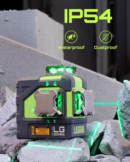LasGoo LG-3DMAX 3x360° Green Laser Level, 3D Self-Leveling Cross Line Laser with 2 Rechargeable Lithium Batteries, Fine-Tuning Bracket Adapter, Green Laser Enhancement Glasses, and Hard Carrying Case - Image 3