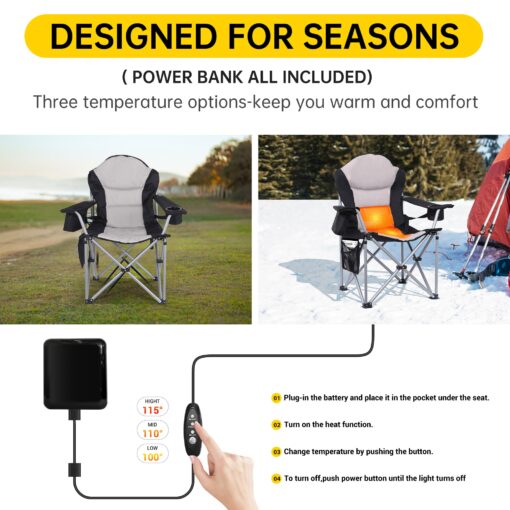 CDEN Heated Camping Chair, Outdoor Heated Camping Chair, Heated Lawn Chairs, Camping Chair, Folding Chair, 10000mAh Power Bank, Thick Padding, Heavy Duty, Cooler Bag, armrest, Carry Bag (2 Pack) - Image 8