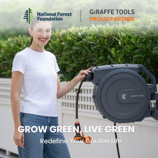 Giraffe Tools AW40 Retractable Hose Reel 5/8" x 90 ft Wall Mounted Garden Hose Reel Heavy Duty, Automatic Rewind, 180 Deg Swivel, Any Length Lock, 9 Pattern Nozzle, 90 ft, Dark Grey - Image 2