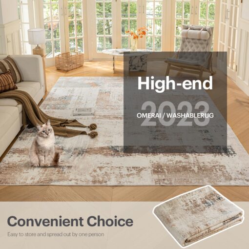 OMERAI Rug 8x10 Area Rug for Bedroom, Washable Morden Art Rug for Living Room Kitchen Dining Room, Non-Slip Faux Wool Home Decor Carpet - Brown & Gold - Image 3