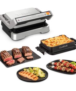 T-fal, Electric Grill, OptiGrill 4in1, Stainless Steel, 9 Automatic Cooking Modes, Intelligent Grilling Rare to Well-Done, 1800 Watts, Nonstick Removable Plates, Dishwasher Safe, Indoor, Silver