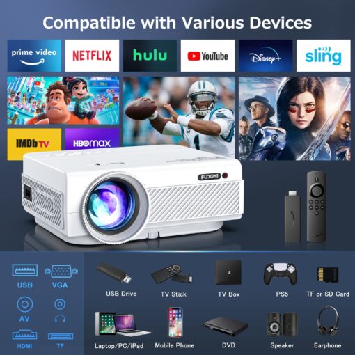 Projector with WiFi and Bluetooth, FUDONI 5G WiFi Native 1080P Outdoor Projector 15000L Support 4K, Portable Movie Projector with Screen and Max 300", for iOS/Android/Laptop/TV Stick/HDMI/USB/VGA/TF - Image 3