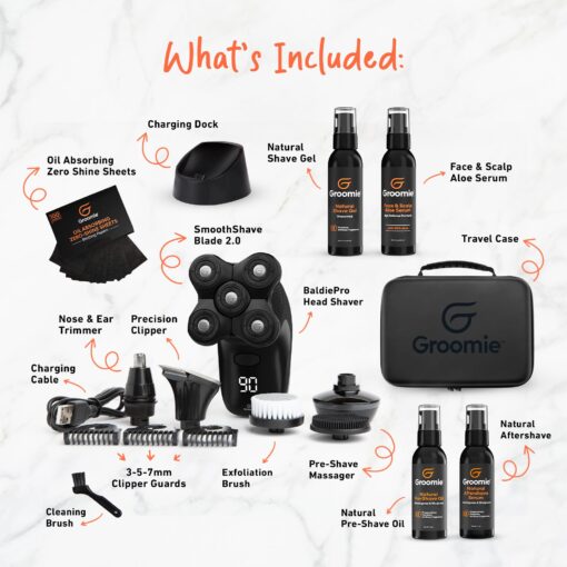 Groomie Mens Grooming Bundle - BaldiePro Electric Head Shaver for Bald Men Includes Travel Case, Charging Dock & Accessory Kit - Deodorant, Scalp & Face Serum, Shave Gel, Aftershave, Pre-Shave Oil - Image 6