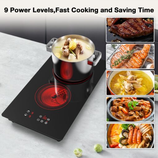 VBGK Electric Cooktop,3000W 12 inch Electric Stove Top,Built-in and Countertop 2 Burner Electric Cooktop 220V with Plug,9 Power Levels, Kids Lock & Timer,LED Touch Control,Overheat Protection Stovetop - Image 3