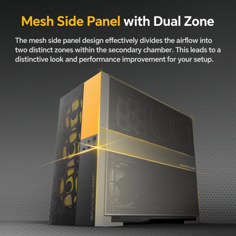Geometric Future M5 Vent, Mesh Panel Tempered Glass Mid Tower, E-ATX/ATX Gaming Case, High Airflow, Type C, Support 420/360 Rad, ARGB PWM 140mm Fan x 5 Pre-Installed, Black/Yellow, GEO-M5VF-BY - Image 4